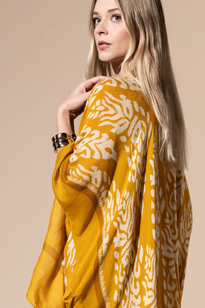 Mustard Yellow Long Kimono Duster with Damask Print