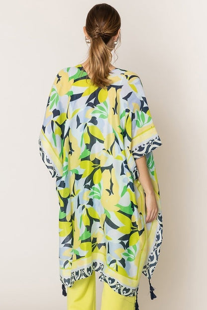 Lemon and Floral Print Kimono Poncho