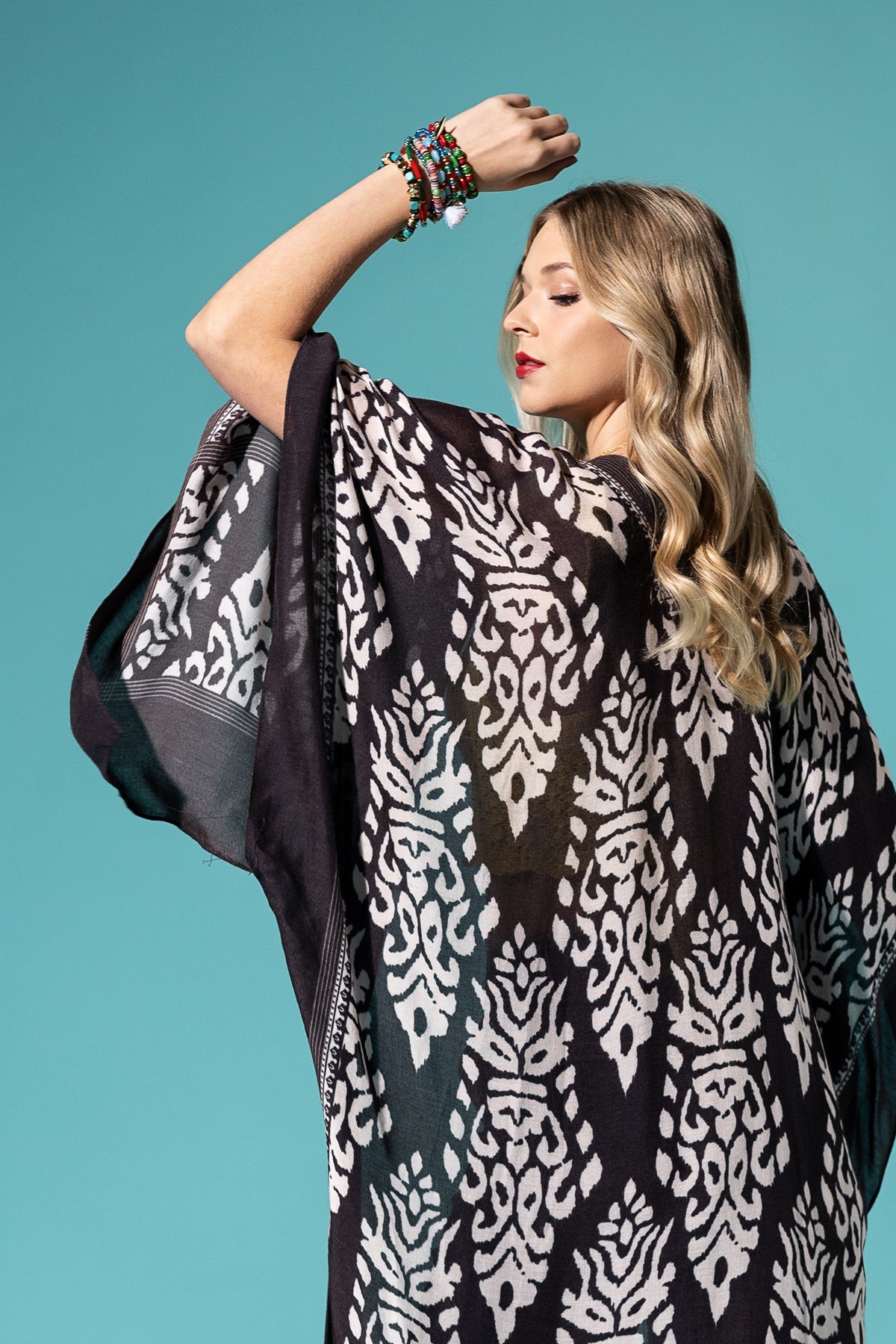 Black Long Kimono with Damask Pattern