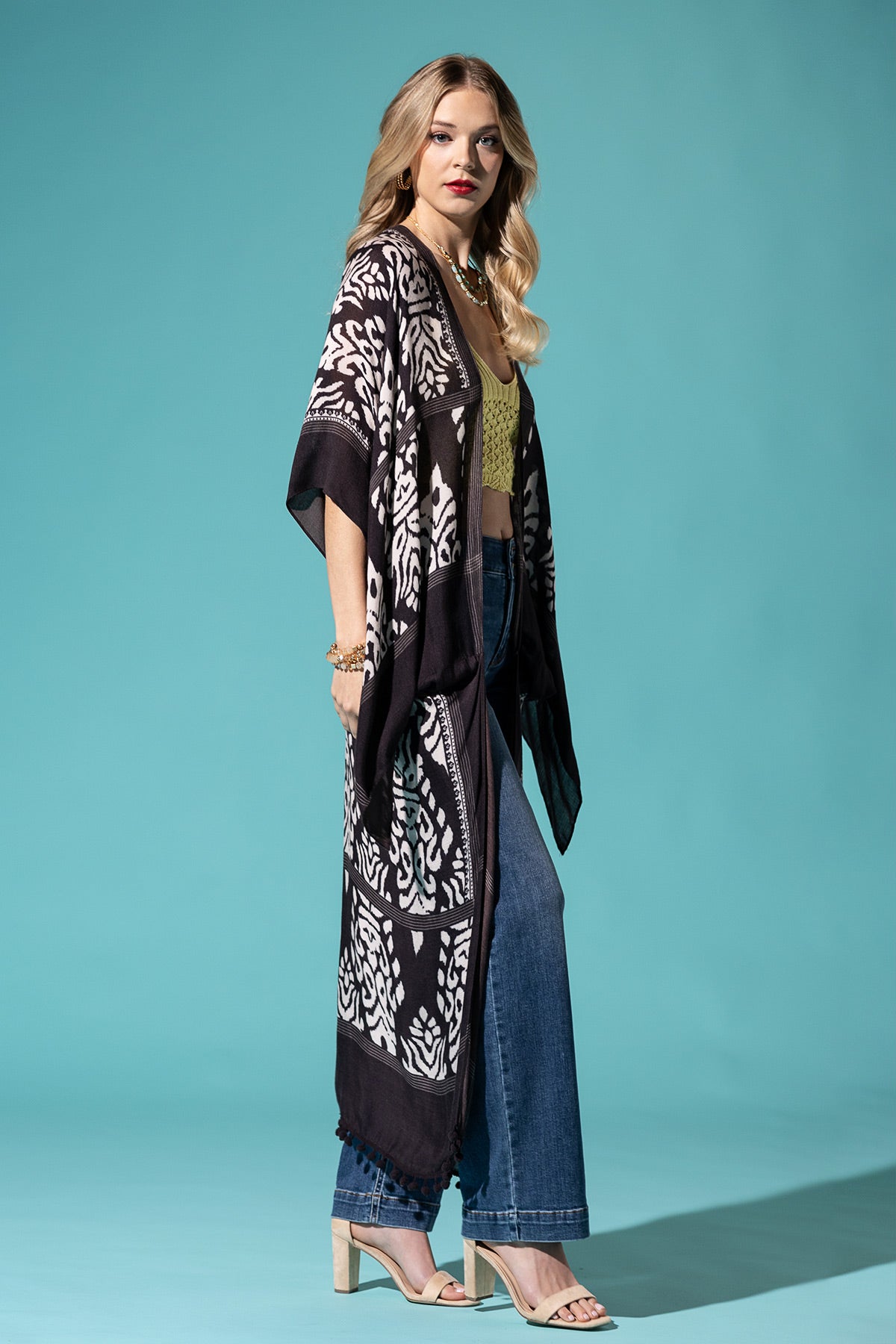 Black Long Kimono with Damask Pattern