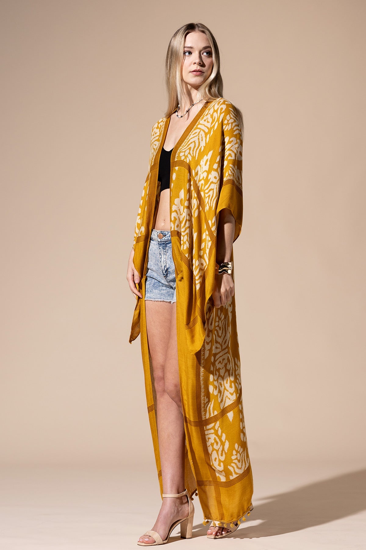Mustard Yellow Long Kimono Duster with Damask Print