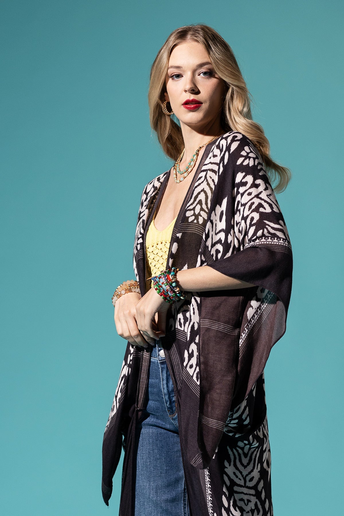 Black Long Kimono with Damask Pattern
