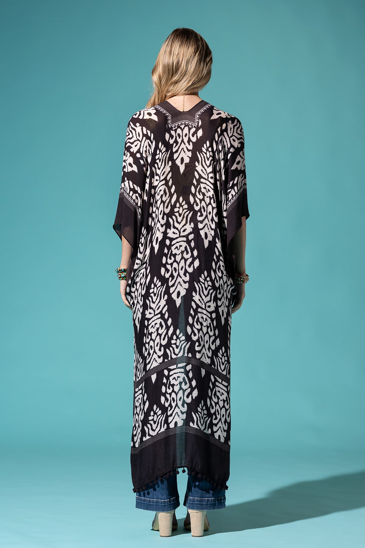 Black Long Kimono with Damask Pattern
