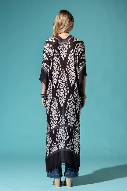 Black Long Kimono with Damask Pattern