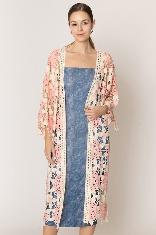 Pink Flower Two Tone Crochet Cardigan