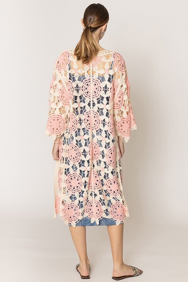 Pink Flower Two Tone Crochet Cardigan