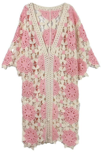 Pink Flower Two Tone Crochet Cardigan