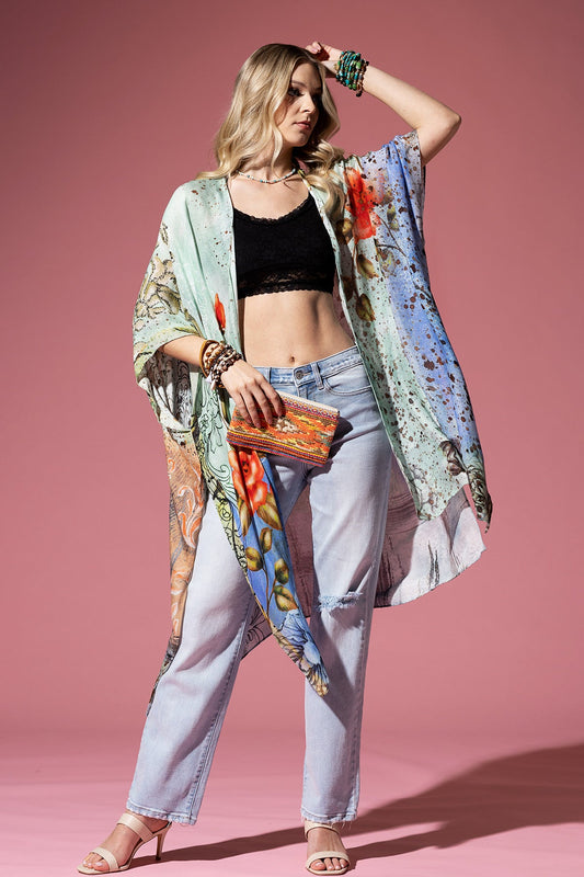 Kimono Cardigan with Bohemian Watercolor Flower Accents