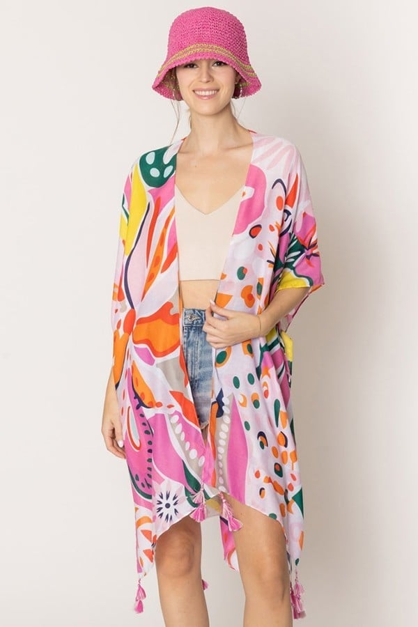 Tropical Floral Patterned Cover Up Kimono Poncho