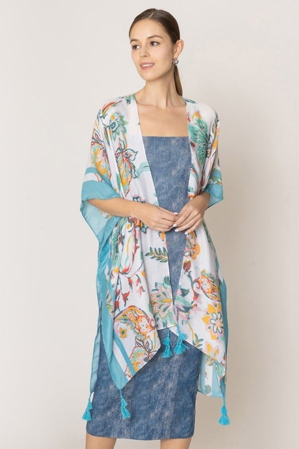 Black Floral Print Kimono Poncho