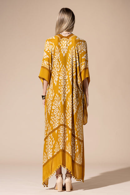 Mustard Yellow Long Kimono Duster with Damask Print