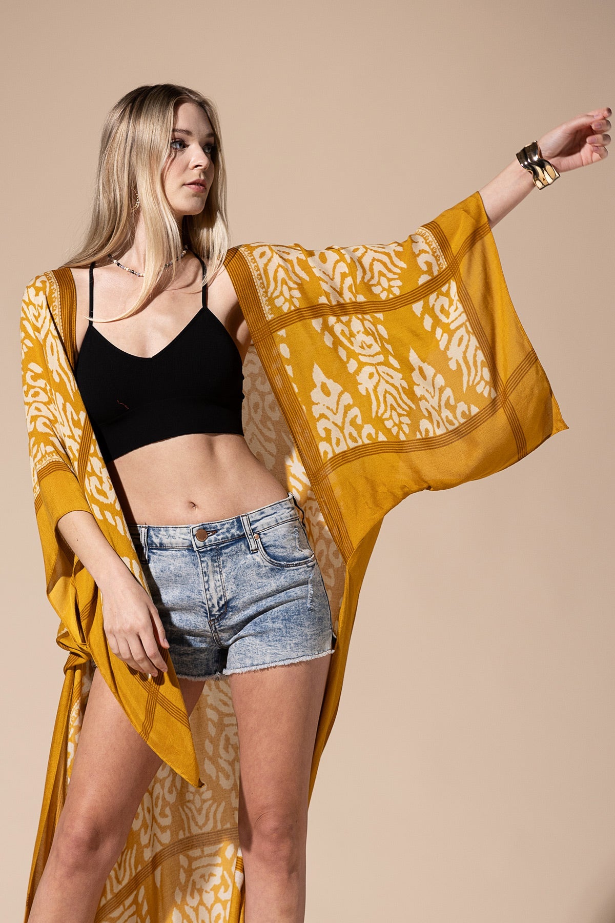 Mustard Yellow Long Kimono Duster with Damask Print