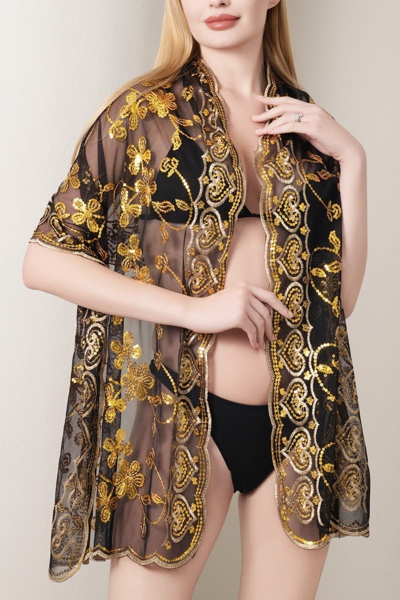 Black Sheer Sequin Beaded Shawl Wrap Scarf