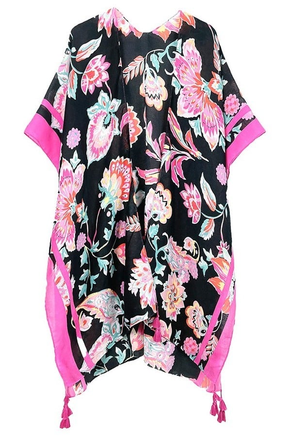 Black Floral Print Kimono Poncho