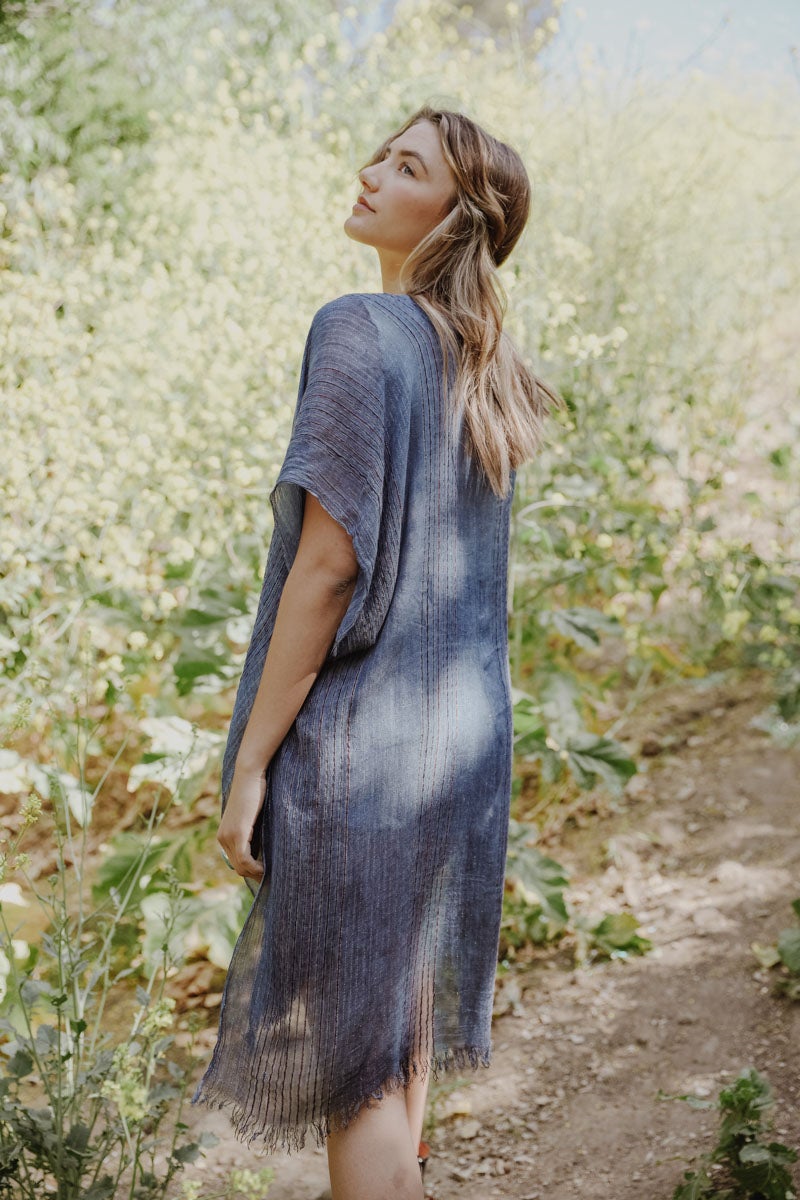 Blue Kimono Duster with Striped Pattern