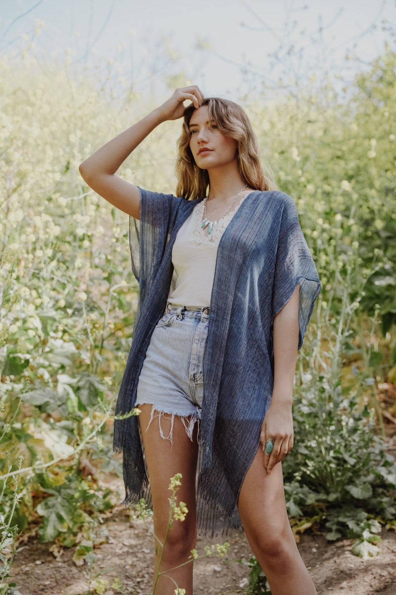 Blue Kimono Duster with Striped Pattern