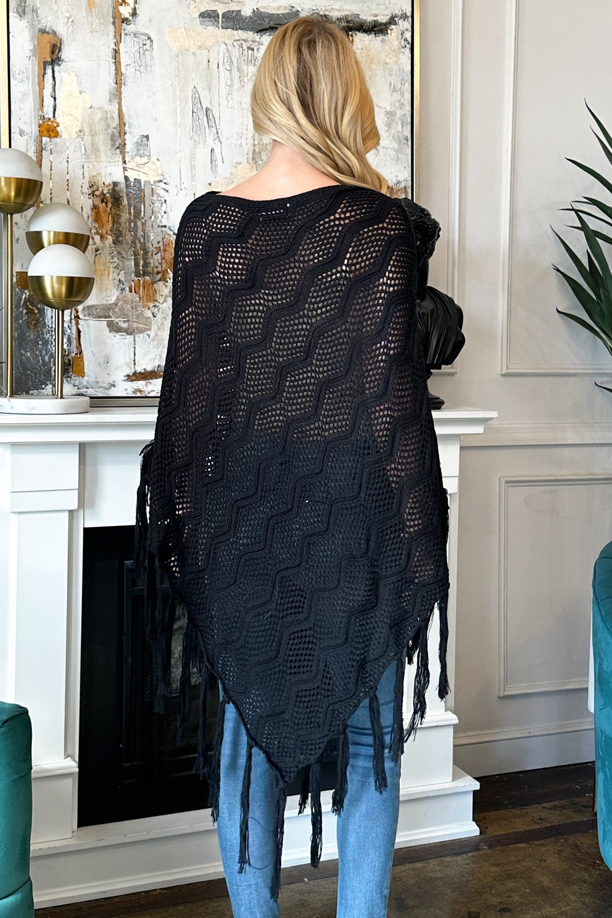 Black Netted Knit Cardigan Poncho