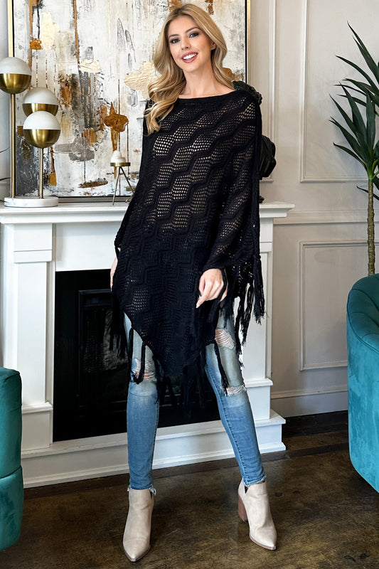 Black Netted Knit Cardigan Poncho