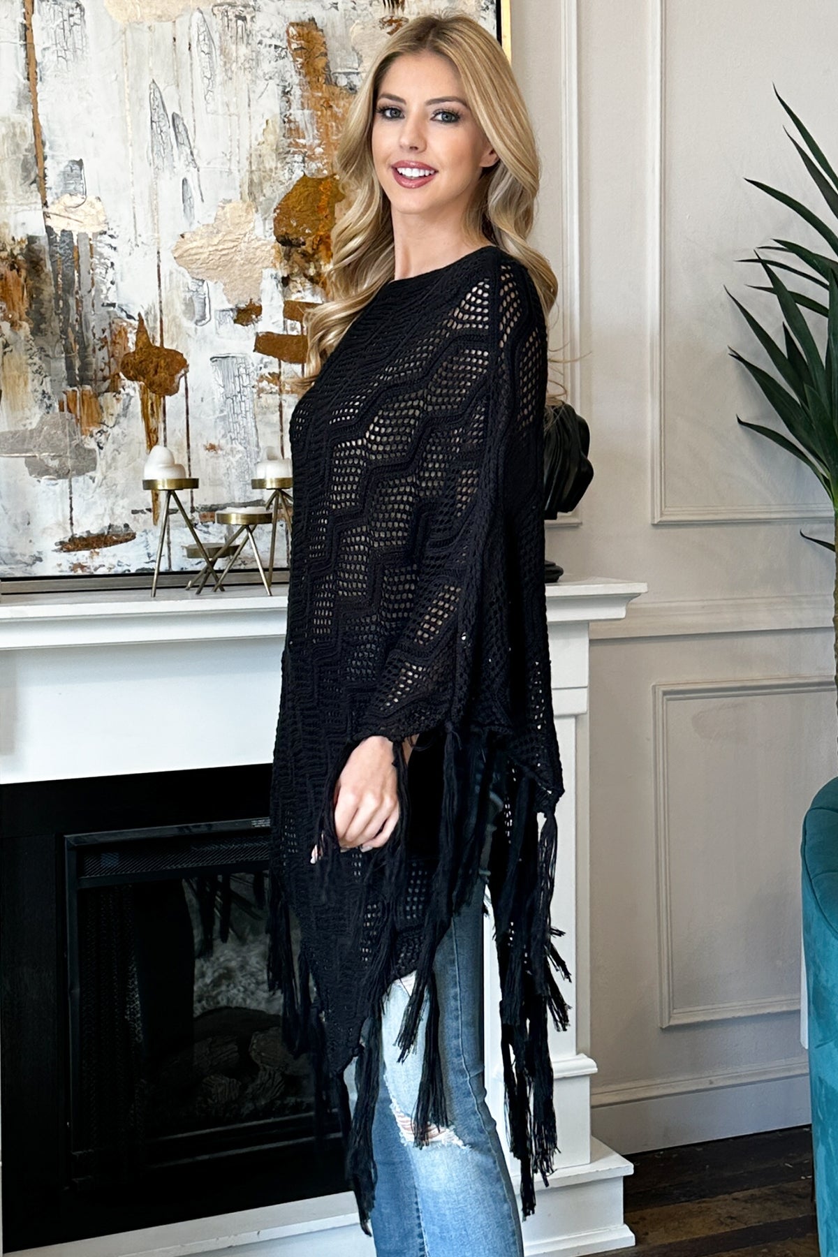 Black Netted Knit Cardigan Poncho