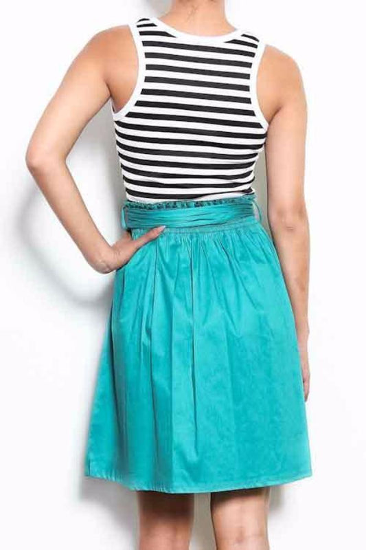 Teal Tripe Flare Short Dress with Bow Tie - Bean Concept - Etsy