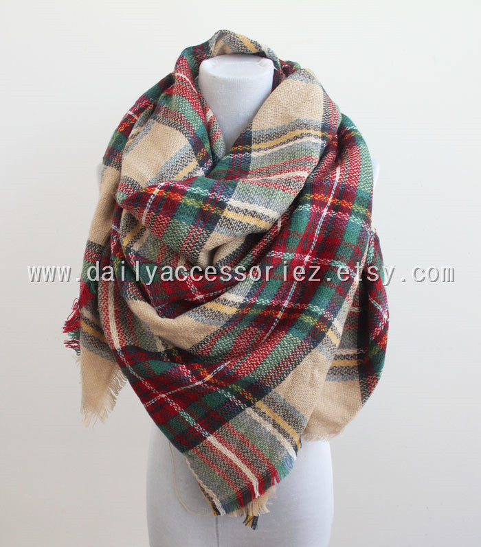 Pink Khaki Plaid Blanket Scarf - Bean Concept - Etsy