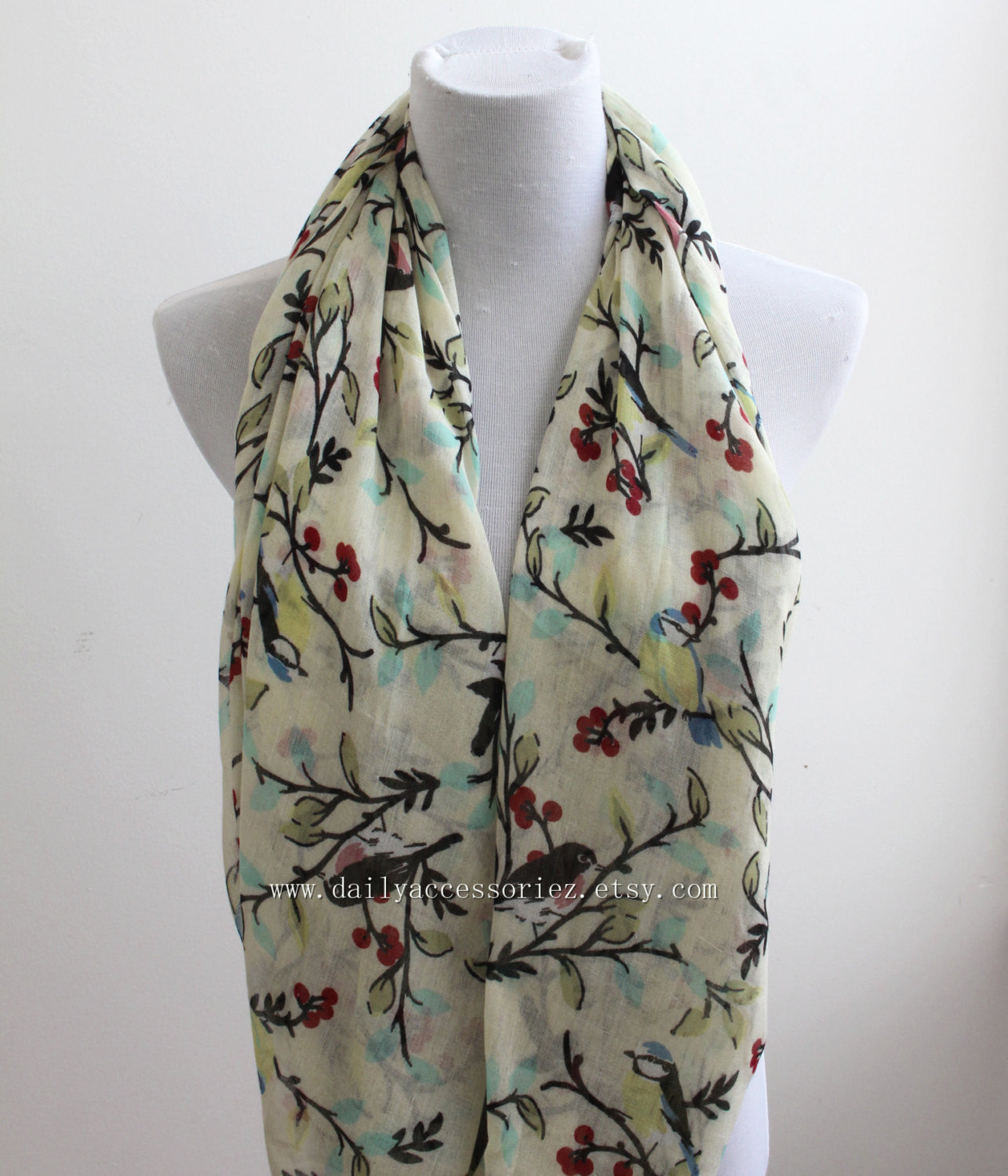Beige Bird on Branch Infinity Scarf - Bean Concept - Etsy