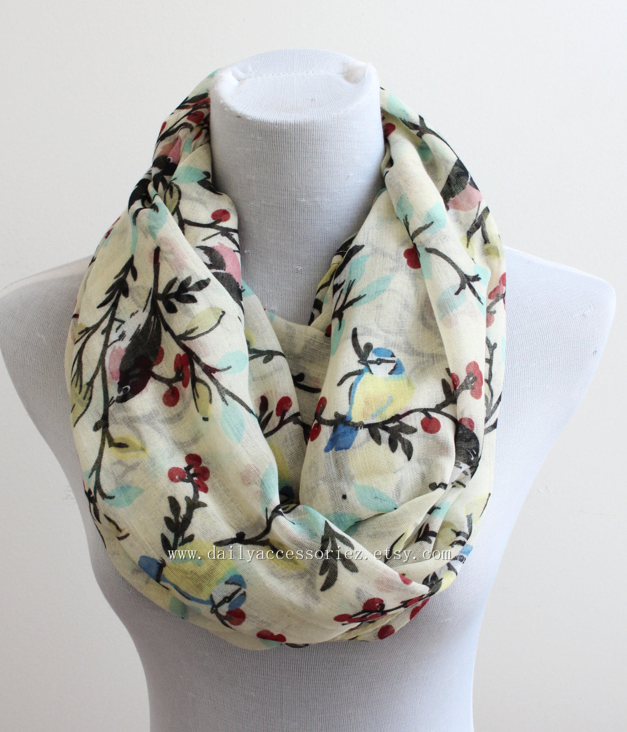 Beige Bird on Branch Infinity Scarf - Bean Concept - Etsy
