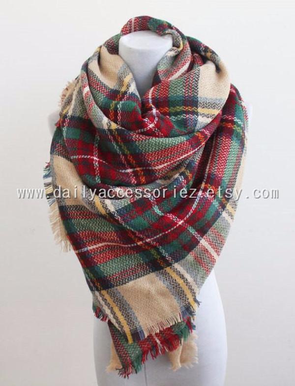 Blue Red Plaid Blanket Scarf - Bean Concept - Etsy