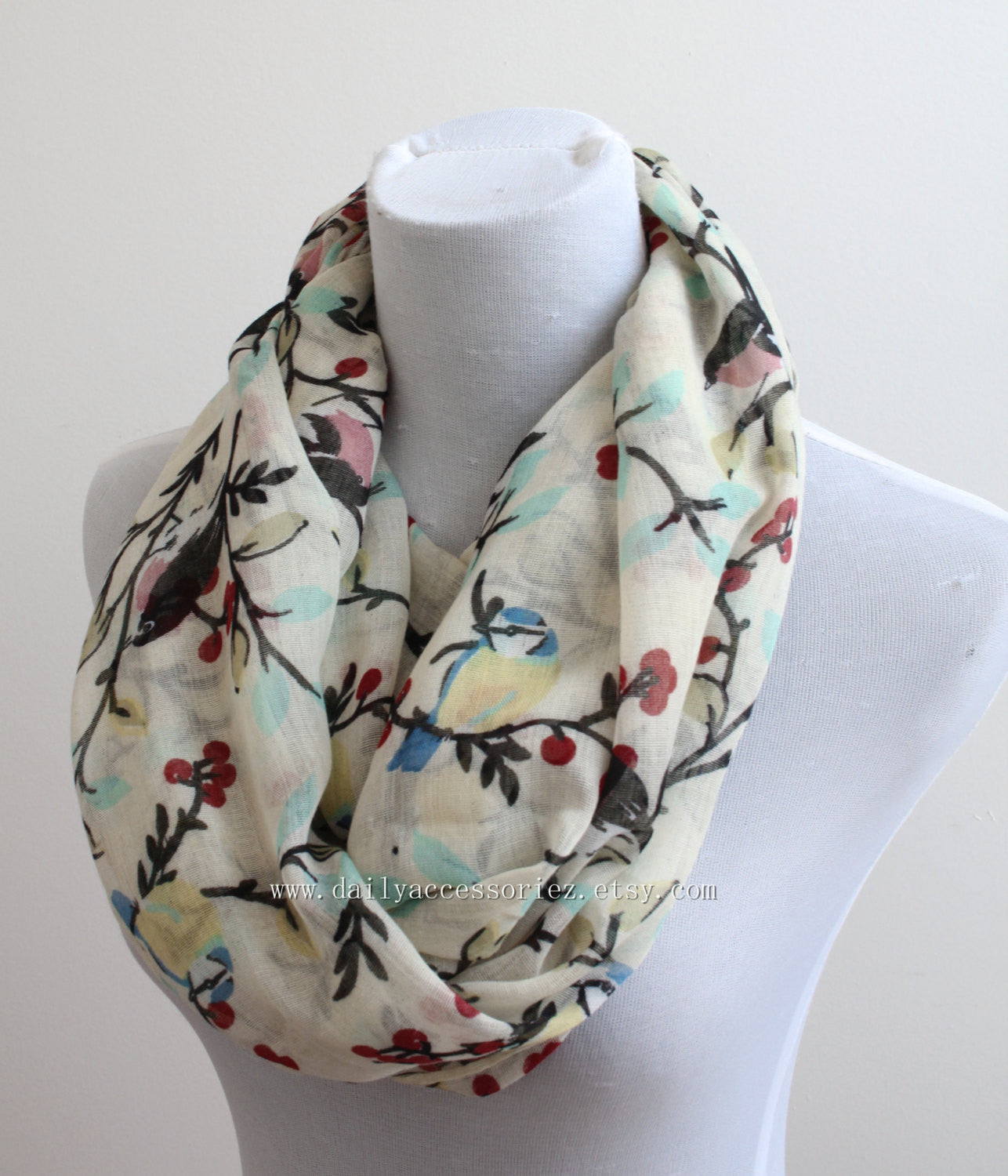 Beige Bird on Branch Infinity Scarf - Bean Concept - Etsy