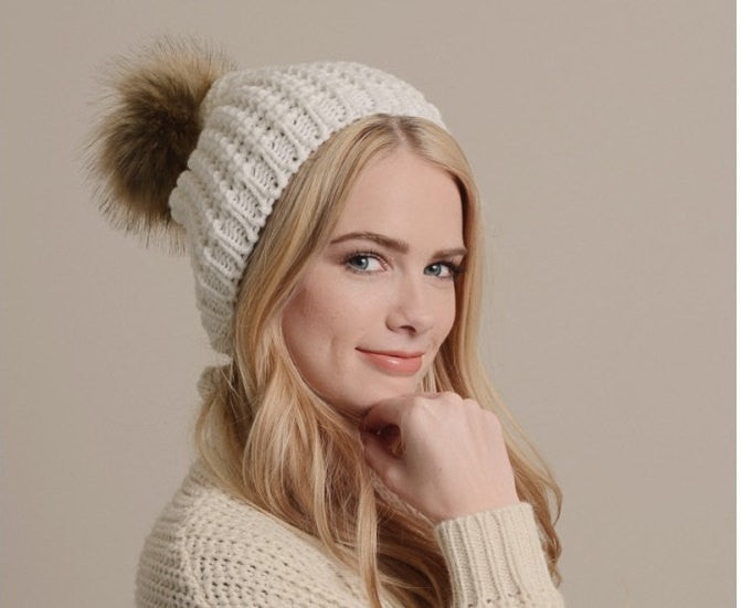 Ivory Winter Hat with Fur Pom - Bean Concept - Etsy