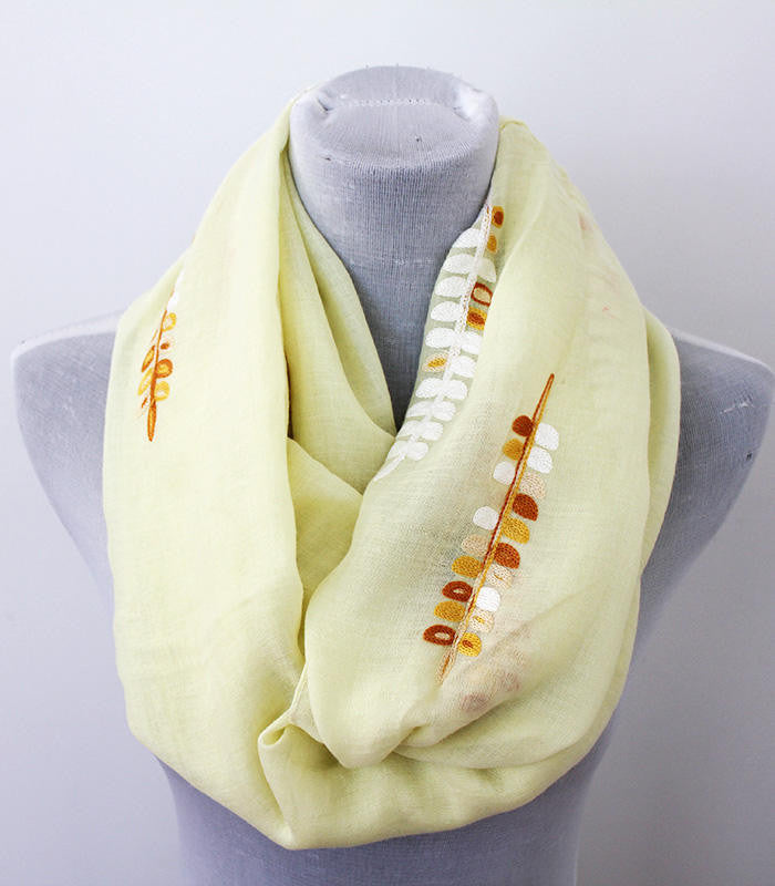 Embroidered Leaf Yellow Infinity Scarf - Bean Concept - Etsy