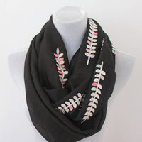 Embroidered Leaf Black Infinity Scarf - Bean Concept - Etsy