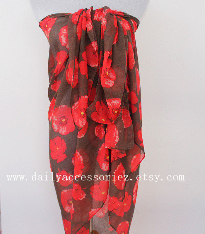 Red Poppy Brown Summer Scarf - Bean Concept - Etsy