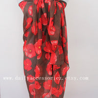 Red Poppy Brown Summer Scarf - Bean Concept - Etsy