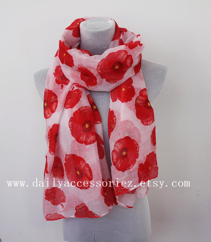 Red Poppy Brown Summer Scarf - Bean Concept - Etsy