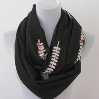 Embroidered Leaf Black Infinity Scarf - Bean Concept - Etsy