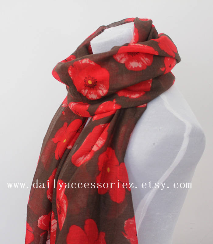 Red Poppy Brown Summer Scarf - Bean Concept - Etsy