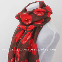 Red Poppy Brown Summer Scarf - Bean Concept - Etsy