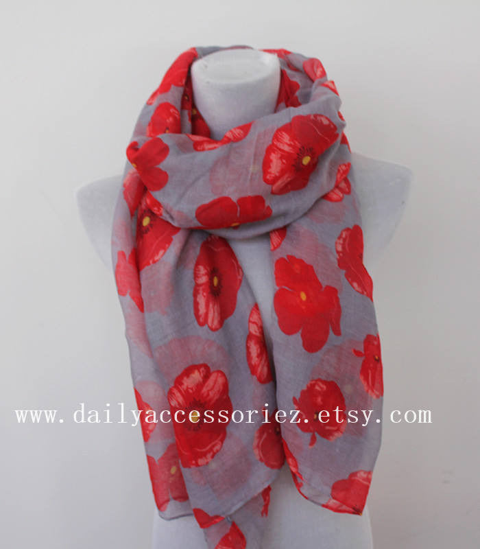 Red Poppy Brown Summer Scarf - Bean Concept - Etsy