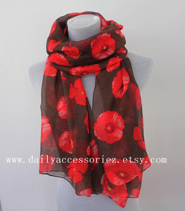 Red Poppy Brown Summer Scarf - Bean Concept - Etsy