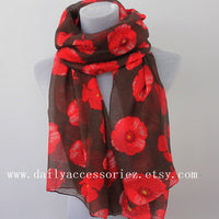 Red Poppy Brown Summer Scarf - Bean Concept - Etsy