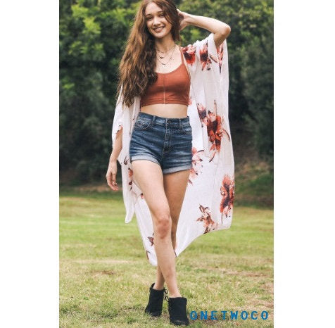 Gray Floral Kimono Jacket