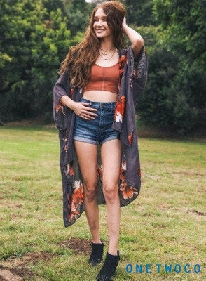 Gray Floral Kimono Jacket,Beach cover up,Bohemian,festival,Oversized,Boho style,cardigan ,Summer Dress,Boho