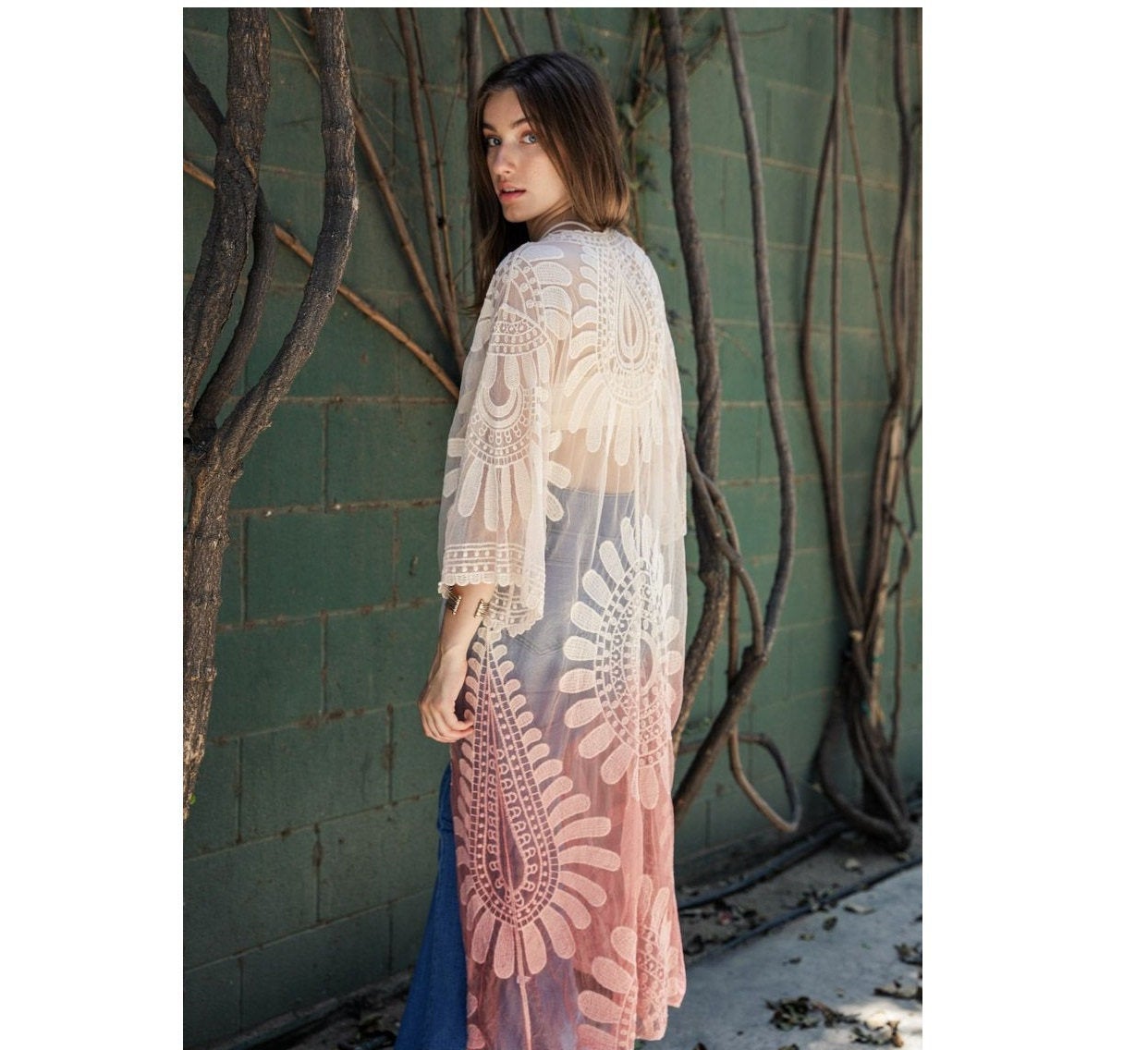 Ombre Sage Green Lace Kimono