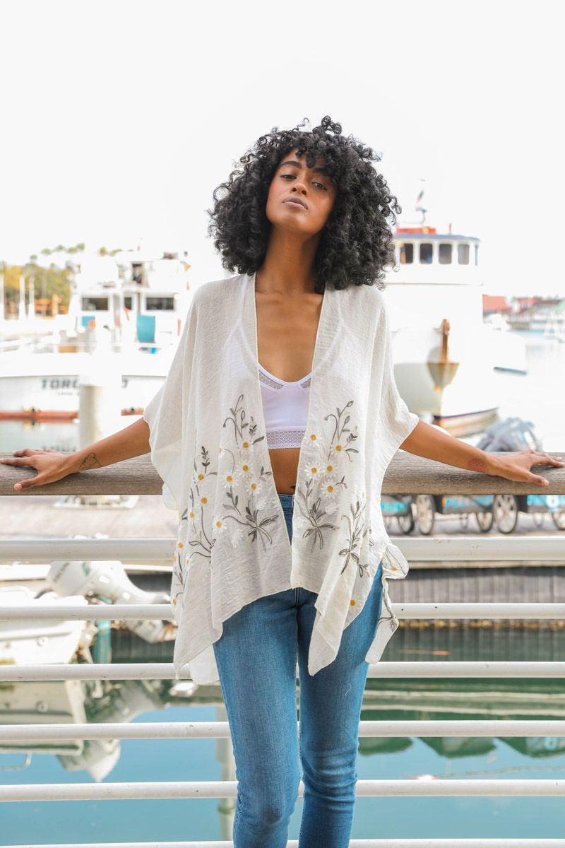 Blue Kimono with embroidered daisies, Kimono Wrap, Beach cover up,Bohemian,festival,Oversized,Boho style,cardigan ,Summer Dress,Boho