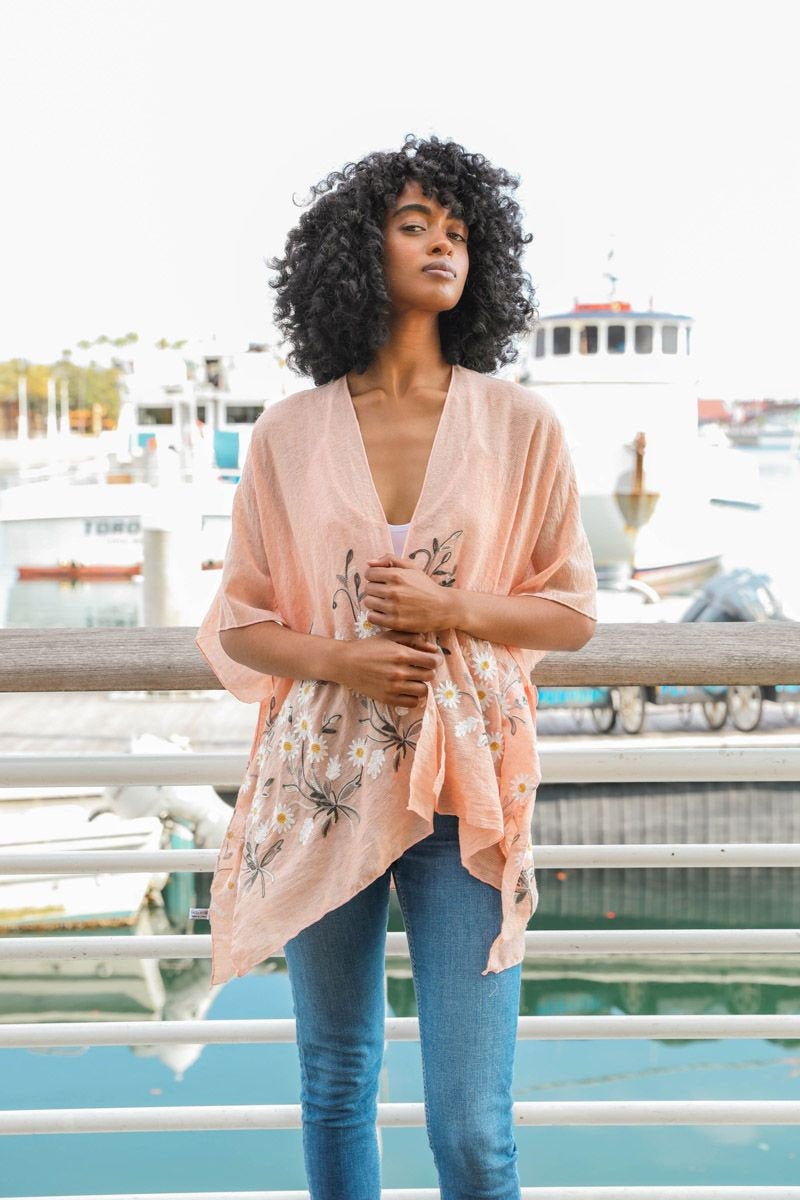 Blue Kimono with embroidered daisies, Kimono Wrap, Beach cover up,Bohemian,festival,Oversized,Boho style,cardigan ,Summer Dress,Boho