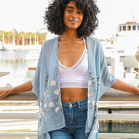 Blue Kimono with embroidered daisies, Kimono Wrap, Beach cover up,Bohemian,festival,Oversized,Boho style,cardigan ,Summer Dress,Boho