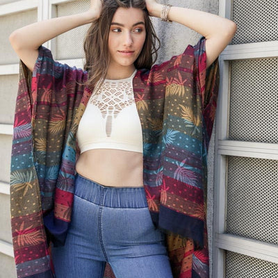 Palm Leaf Tropical Kimono Robe with Fringe, Kimono Wrap, Beach cover up,Bohemian,festival,Oversized,Boho style,cardigan ,Summer Dress,Boho