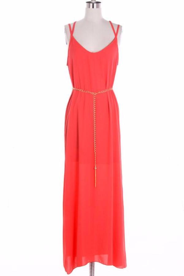 Coral Maxi Dress with Lace and Golden Chain - Bean Concept - Etsy