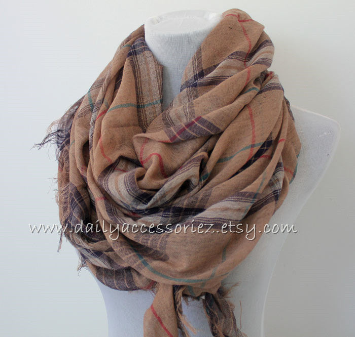 Large Brown Plaid Scarf with Fringes - Bean Concept - Etsy